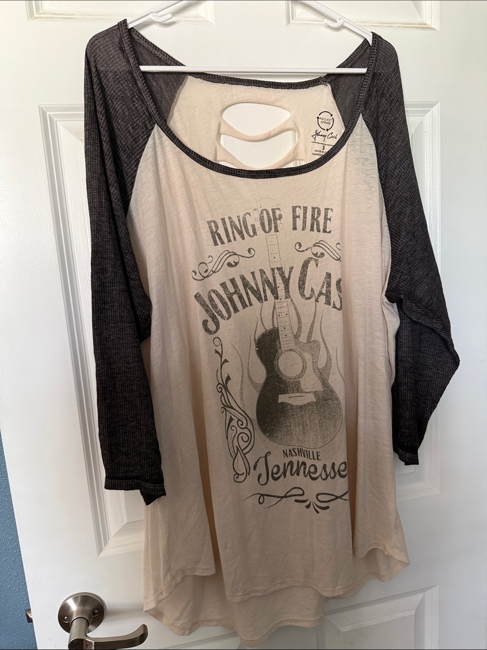 Johnny Cash 'Ring of Fire' Raglan Long Sleeve Tee - Black & Cream